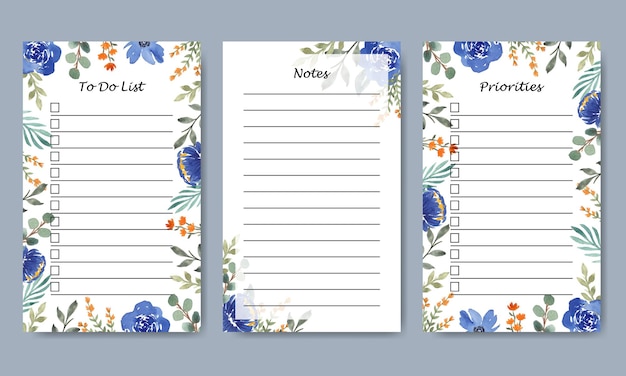 Set of Watercolor Blue Florals Abstract Notes To Do List Template Printable