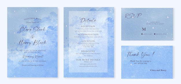 set of watercolor blue wedding invitation template mockup card