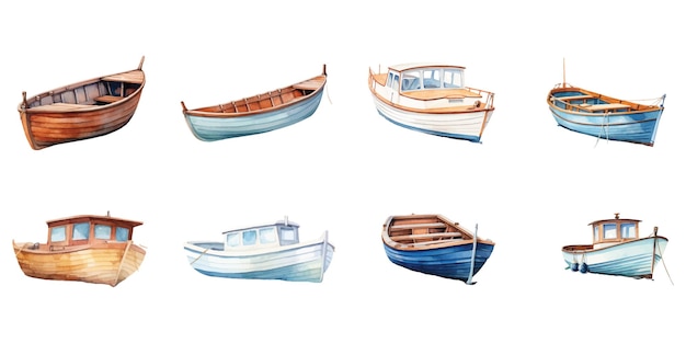 Set of watercolor boats on white background