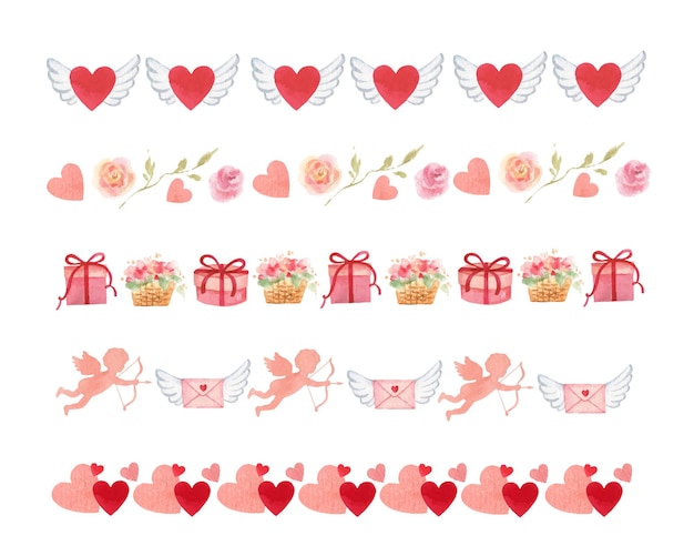 A set of watercolor borders for Valentine's Day