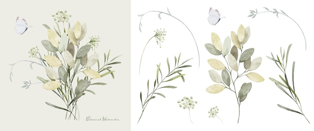 Vector set of watercolor bouquets of green leaves branches elements collection botanical vector isolated on white background suitable for wedding invitation save the date thank you or greeting card