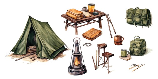 Vector set of watercolor camping equipment illustrations on white background