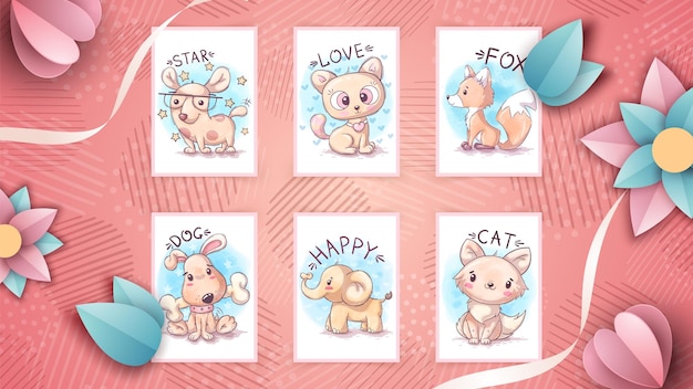 Set watercolor cartoon character animal Hand Draw