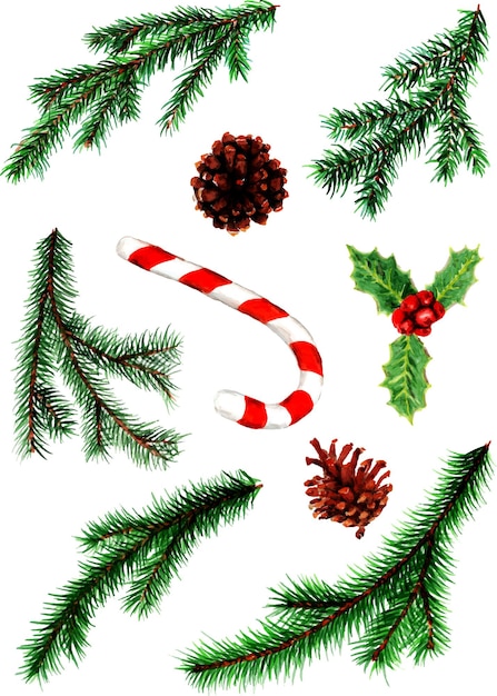 Set of watercolor Christmas clipart objects