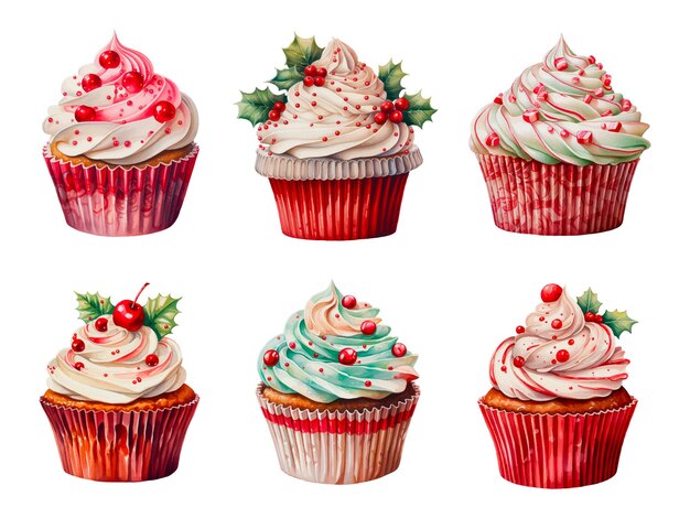 Vector set of watercolor christmas cupcake ai generative