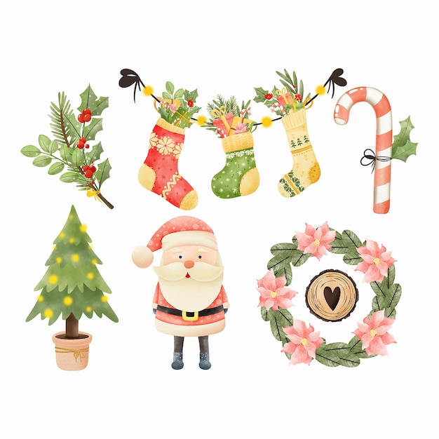 Set of watercolor christmas cute characters