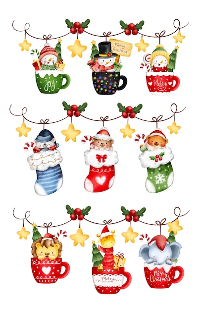 Set of watercolor Christmas decoration