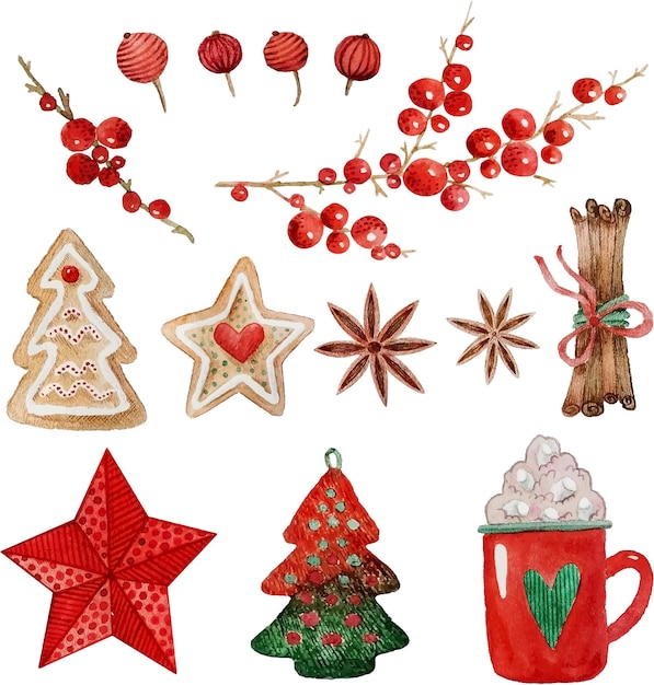 set of watercolor christmas elements cocoa mug cookies spices stock illustration
