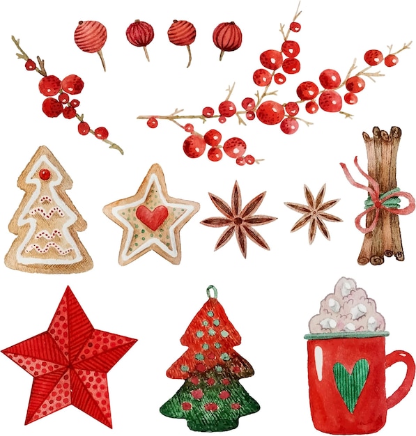 Set of watercolor Christmas elements cocoa mug cookies spices stock illustration