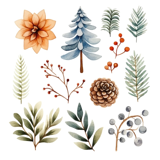 Vector set of watercolor christmas elements