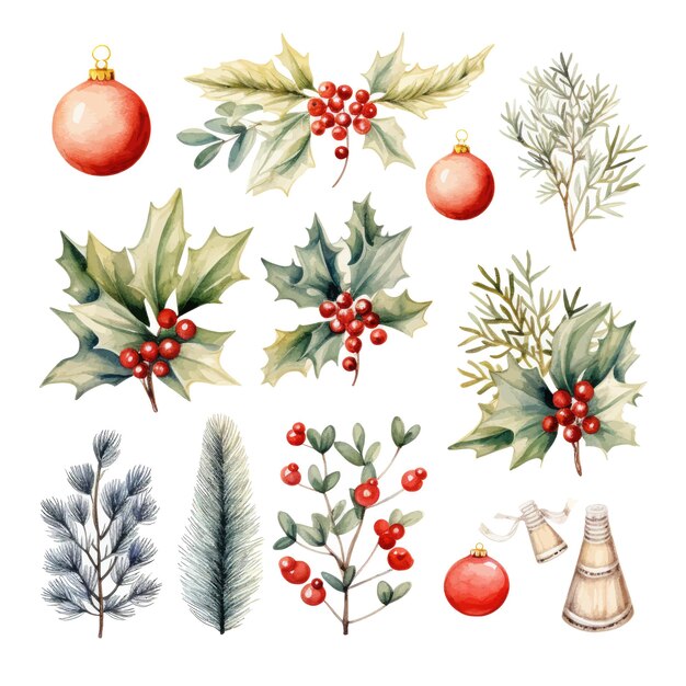 Vector set of watercolor christmas elements