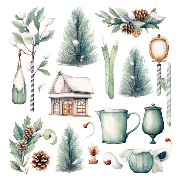 Vector set of watercolor christmas elements