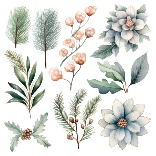 Vector set of watercolor christmas elements