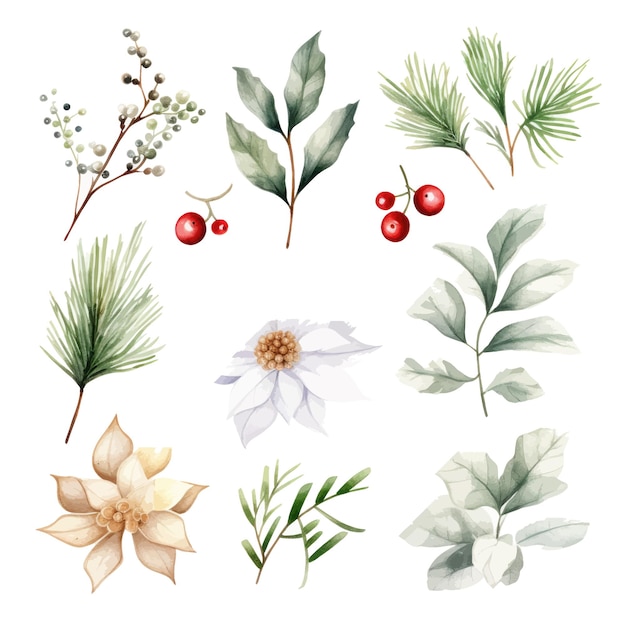 Vector set of watercolor christmas elements