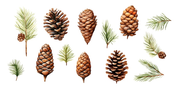 Set watercolor Christmas pine cones on white background