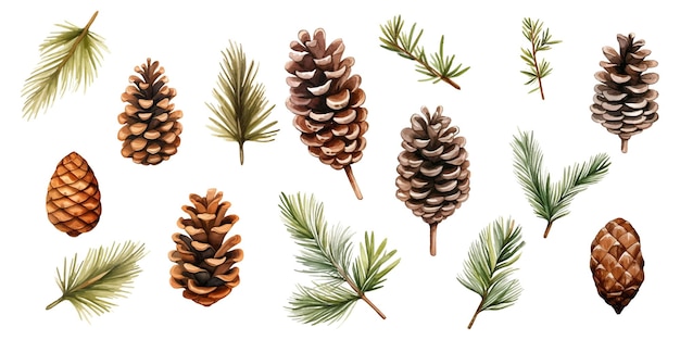 Set watercolor Christmas pine cones on white background