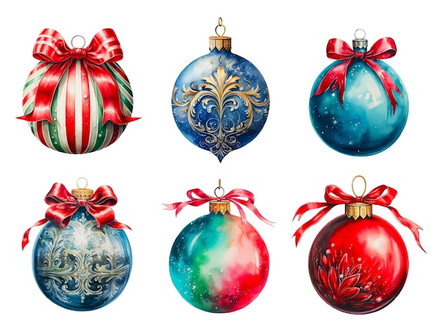 Vector set of watercolor christmas tree toys ai generative