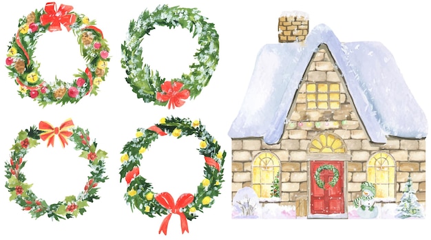 Set of watercolor christmas wreaths and christmas house