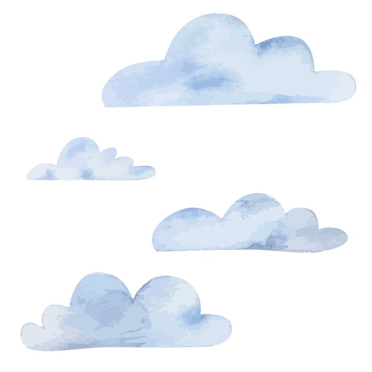 Vector set of watercolor clouds, light blue color, for kids design isolated on white background