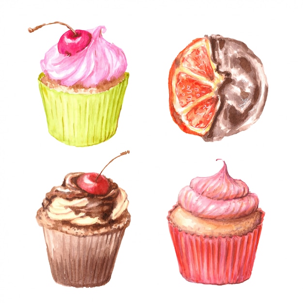 Set of watercolor cupcakes