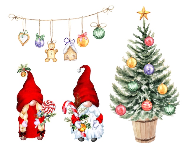 Vector set of watercolor cute christmas illustrations christmas tree gnomes gingerbread man
