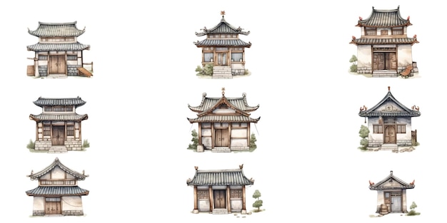 Set of watercolor cute house illustrations on white background