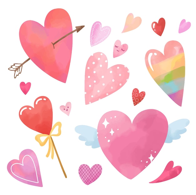 Set of watercolor cute pink hearts