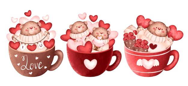 Set of watercolor cute Valentine bear in cup