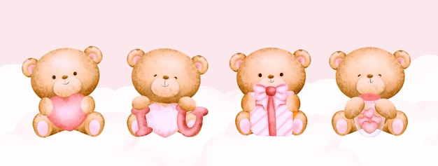 Vector set of watercolor cute valentine teddy bear