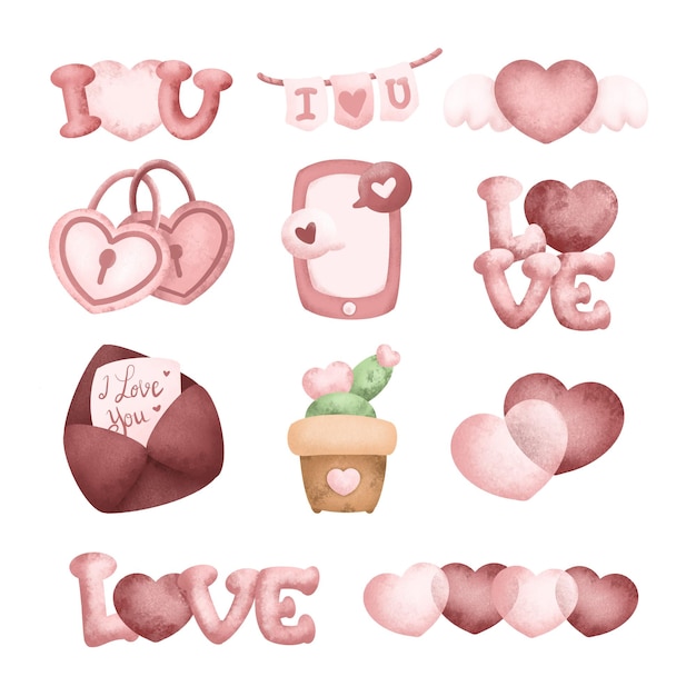 Vector set of watercolor cute valentine things sticker