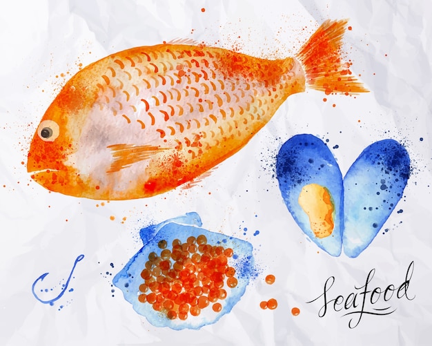 Vector set watercolor drawn seafood