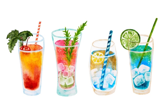 Vector set of watercolor drink cocktails isolated glasses with alcohol drinks on white background