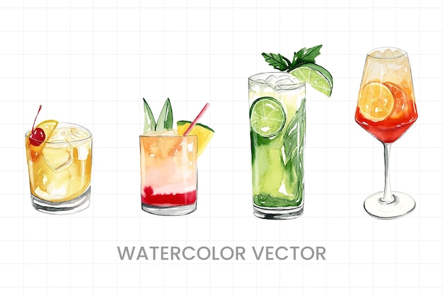 Set of watercolor drinks on a white background