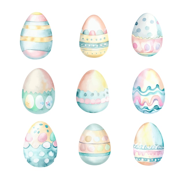 Set di uova di pasqua ad acquerello isolate su sfondo bianco illustrazione disegnata a mano