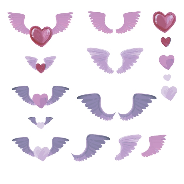 Vector set of watercolor elements from hearts and wings