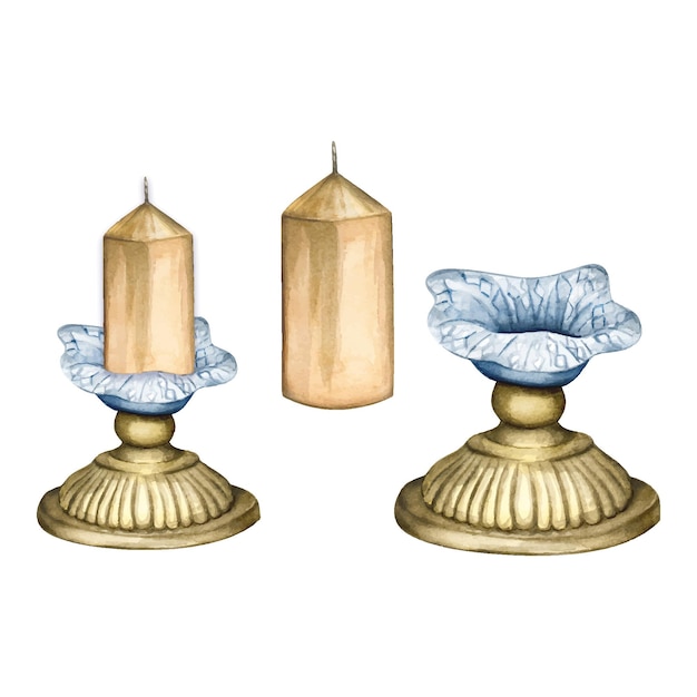 A set of watercolor elements for the new year and christmas holidays festive stand and candles