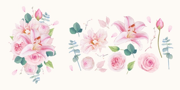 Vector set watercolor elements of pink roses lily and dahlia