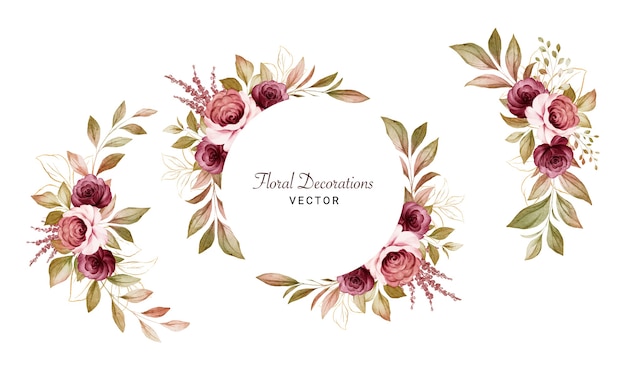 Set of watercolor floral arrangements of brown and burgundy roses and leaves. Botanic decoration illustration for wedding card