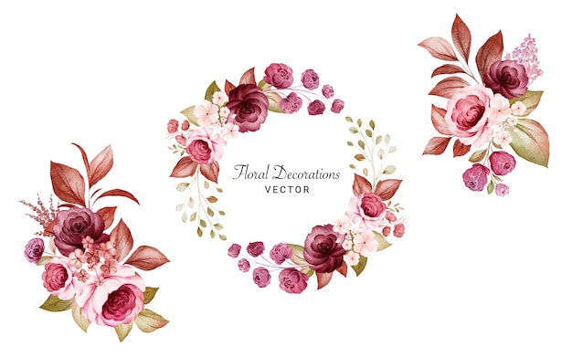 Vector set of watercolor floral frame and bouquets of burgundy and peach roses and leaves.