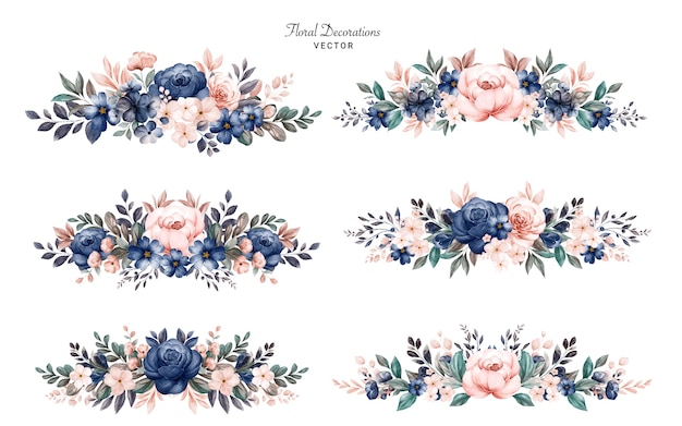 Set of watercolor floral frame bouquets of navy and peach roses