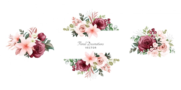 Vector set of watercolor floral frame bouquets of peach and burgundy roses and leaves.