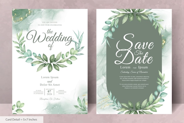 Set of Watercolor Floral Wreath Wedding Invitation Card Template with Hand Drawn Floral