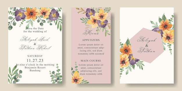 Set of watercolor florals purple yellow wedding invitation card template