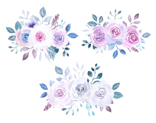 Set of watercolor flower compositions in lilac and turquoise colors