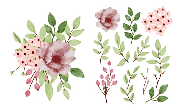 Set di fiori ad acquerello e bouquet di foglie