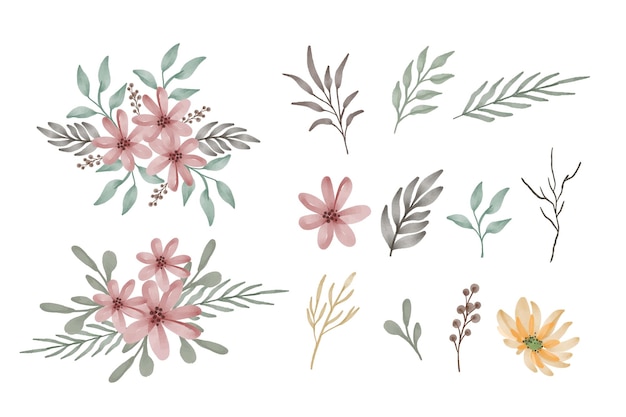 a set of watercolor flower and leaves element