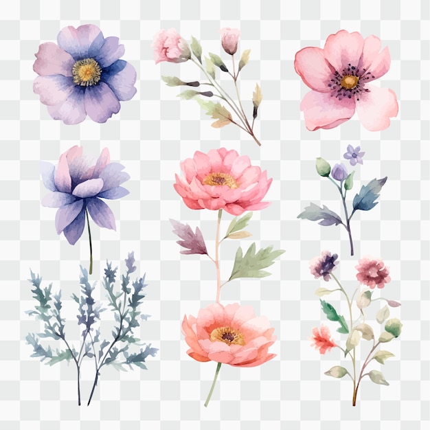 A set of watercolor flowers a bouquet