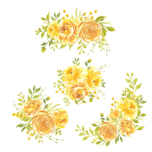 Vector set of watercolor flowers hand painted floral illustration bouquet of flowers yellow rose