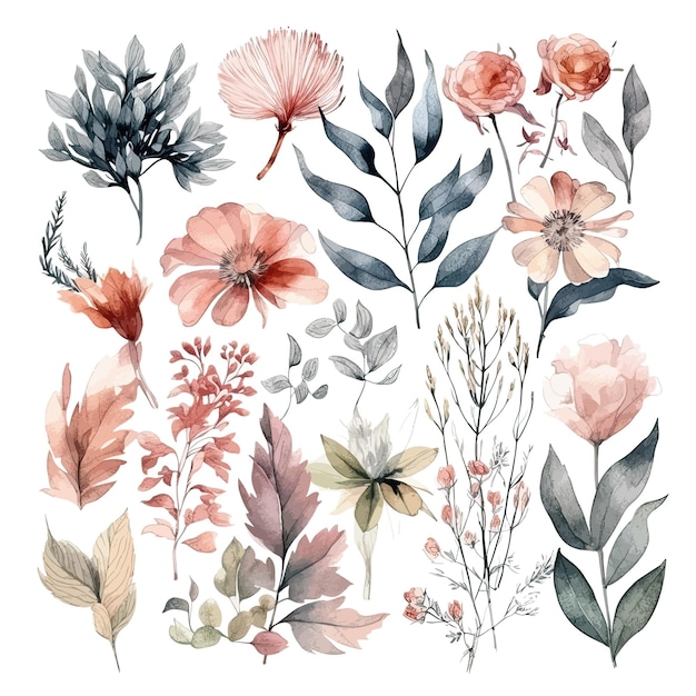 Set of watercolor flowers leaves and twigs on a white background