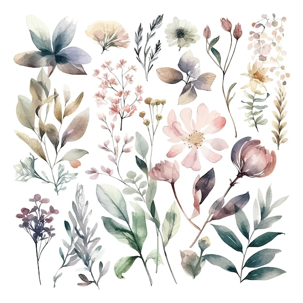 Set of watercolor flowers leaves and twigs on a white background